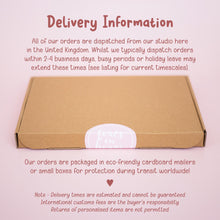 The image is a delivery information graphic that provides details about the delivery process for orders. It includes information about the studio's location, the types of orders they typically dispatch, and the estimated delivery times. The image also mentions that the orders are packaged in eco-friendly cardboard mailers or small boxes for protection during transit worldwide.