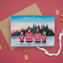 a christmas card with three people wearing sweaters