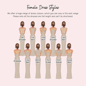 The image is a collage of various female dress styles, each with different back designs and silhouettes. The dresses are shown in different back styles, such as strapless, low back, button back, and short back. The dresses are described in terms of their back designs, allowing the viewer to understand the different styles available.
