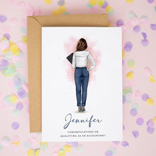 A greeting card with a woman's back facing the viewer, wearing a white blouse and blue jeans, standing in front of a pink background with confetti.