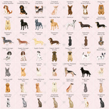 a grid of various dog breeds, each with a unique color and size, arranged in a visually appealing layout.