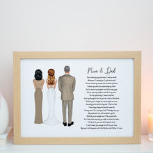 a framed print with a poem about a mother and father, accompanied by illustrations of three people in formal attire.