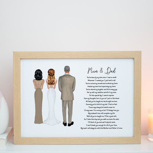 a framed print with a poem about a mother and father, accompanied by illustrations of three people in formal attire.