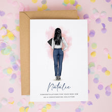 a greeting card with a female illustration on it, placed on a background of colorful confetti.