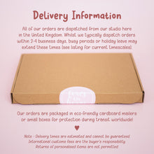 The image is a delivery information graphic that provides details about the delivery process for orders. It includes information about the studio's location, the types of orders they typically dispatch, and the estimated delivery times. The image also mentions that the orders are packaged in eco-friendly cardboard mailers or small boxes for protection during transit worldwide.