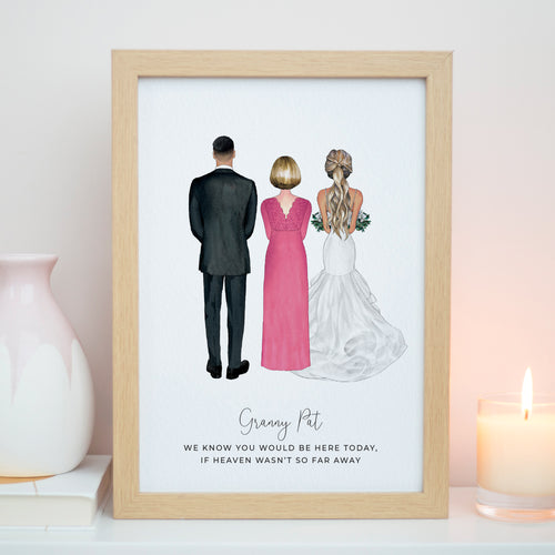 A framed illustration depicting three people, likely a family, with a caption that reads 