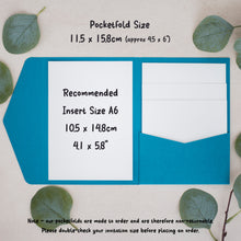 a blue pocketfold with a white insert size A6, along with some green leaves. The pocketfold is described as 115 x 158 cm (approx 45 x 6) and is recommended for an insert size of 105 x 148 cm. The pocketfold is also described as 41 x 58°. The image also includes a note that states that the pocketfoldes are non-returnable and that the user should double-check their invitation size before placing an order.