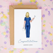 a greeting card with a female illustration of a nurse, surrounded by confetti on a pink background.