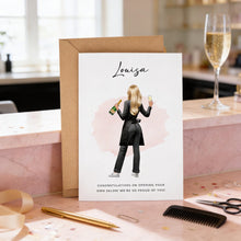 a greeting card with an illustration of a woman holding a bottle of champagne and a pen, along with the name "Louisa" and a message about the opening of a salon.