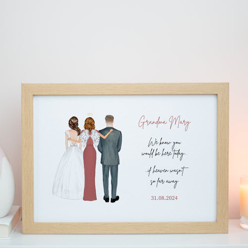 A framed illustration of three people, two women and one man, standing together with wings on their backs, accompanied by a message that reads 