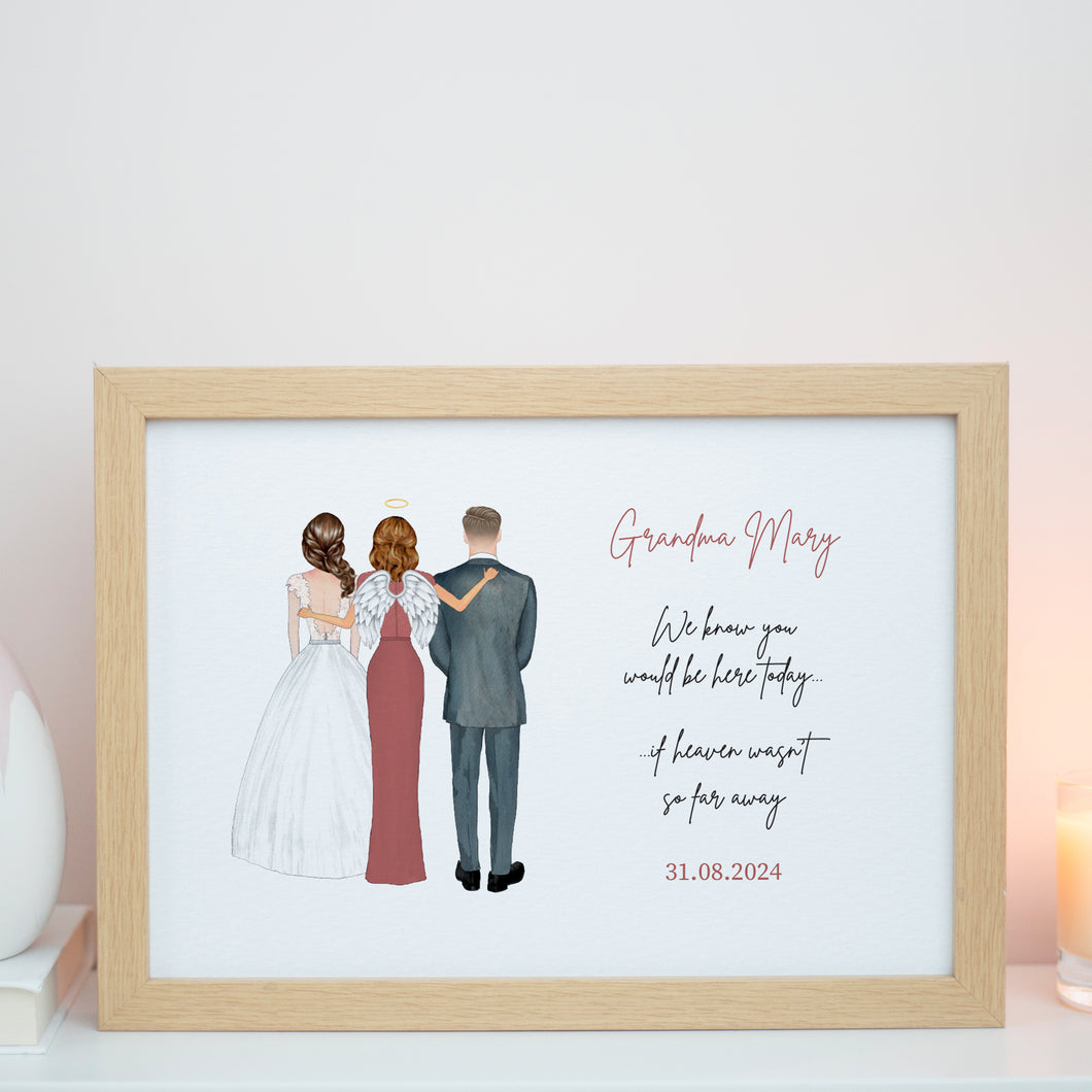 A framed illustration of three people, two women and one man, standing together with wings on their backs, accompanied by a message that reads 