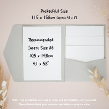 a set of pocketfold sizes, including a recommended insert size A6, along with the dimensions of each pocketfold.