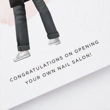 a person wearing black pants and white shoes, standing on a white background with text that congratulates the opening of a nail salon.
