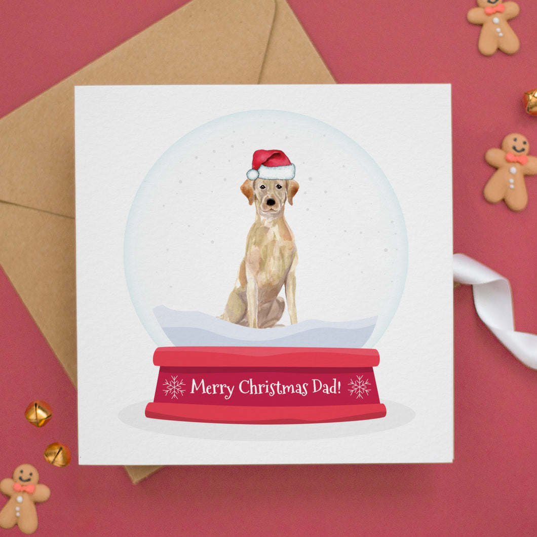 a card with a picture of a dog in a snow globe