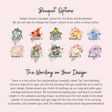 a collection of floral arrangements, each with a different color and style, along with a line of text providing custom options for the bride and bridesmaids.