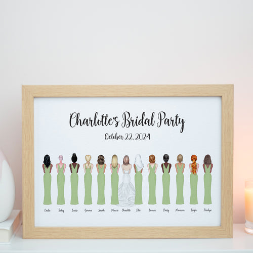 A framed collage of illustrations of women in green dresses, with the text 