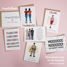 a collection of personalized cards, each with unique designs and messages, arranged on a pink background.