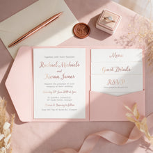 A wedding invitation featuring the names of the couple, the date of their wedding, and details about the event.