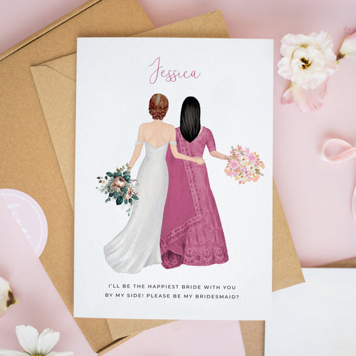 Personalised Bridesmaid Proposal Card with Bride and Friend in Saree