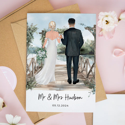 Personalised Just Married Wedding Day Card with Custom Couple Illustration