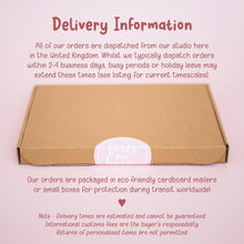 The image is a delivery information graphic that provides details about the delivery process for orders. It includes information about the studio's location, the types of orders they typically dispatch, and the estimated delivery times. The image also mentions that the orders are packaged in eco-friendly cardboard mailers or small boxes for protection during transit worldwide.