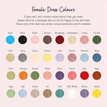 The image is a color palette for female dress colors, featuring a variety of shades and tones that can be used for different occasions and styles.