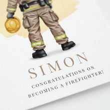 a firefighter in full gear, with the text "SIMON CONGRATULATIONS ON BECOMING A FIREFIGHTER!"