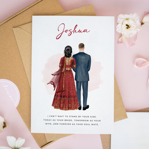 Personalised Asian Bride to Groom Wedding Card with Lehenga
