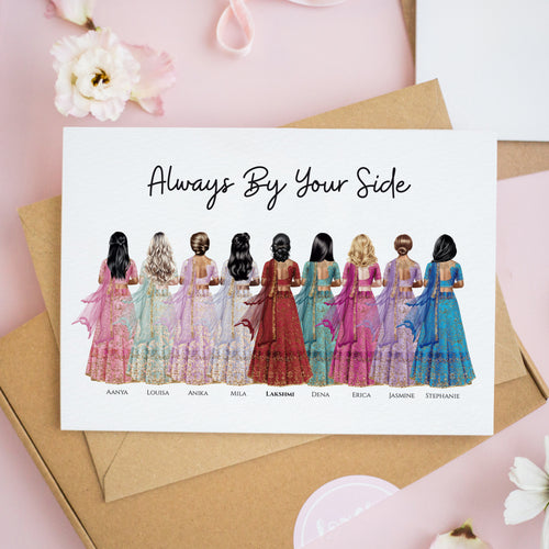 Personalised Group Bridesmaid Card in Sarees, Asian Bridal Party in Lehenga