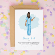 a card with an illustration of a woman in blue scrubs, holding a toothbrush, and the word "Dentist" written on it. The card is placed on a background of confetti.