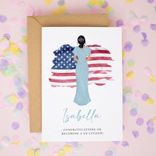 The image is a greeting card with a woman standing in front of an American flag, and the name "Isabella" is written below the flag.