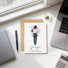 a card with a drawing of a woman, a laptop, a pen, a calculator, and a window.