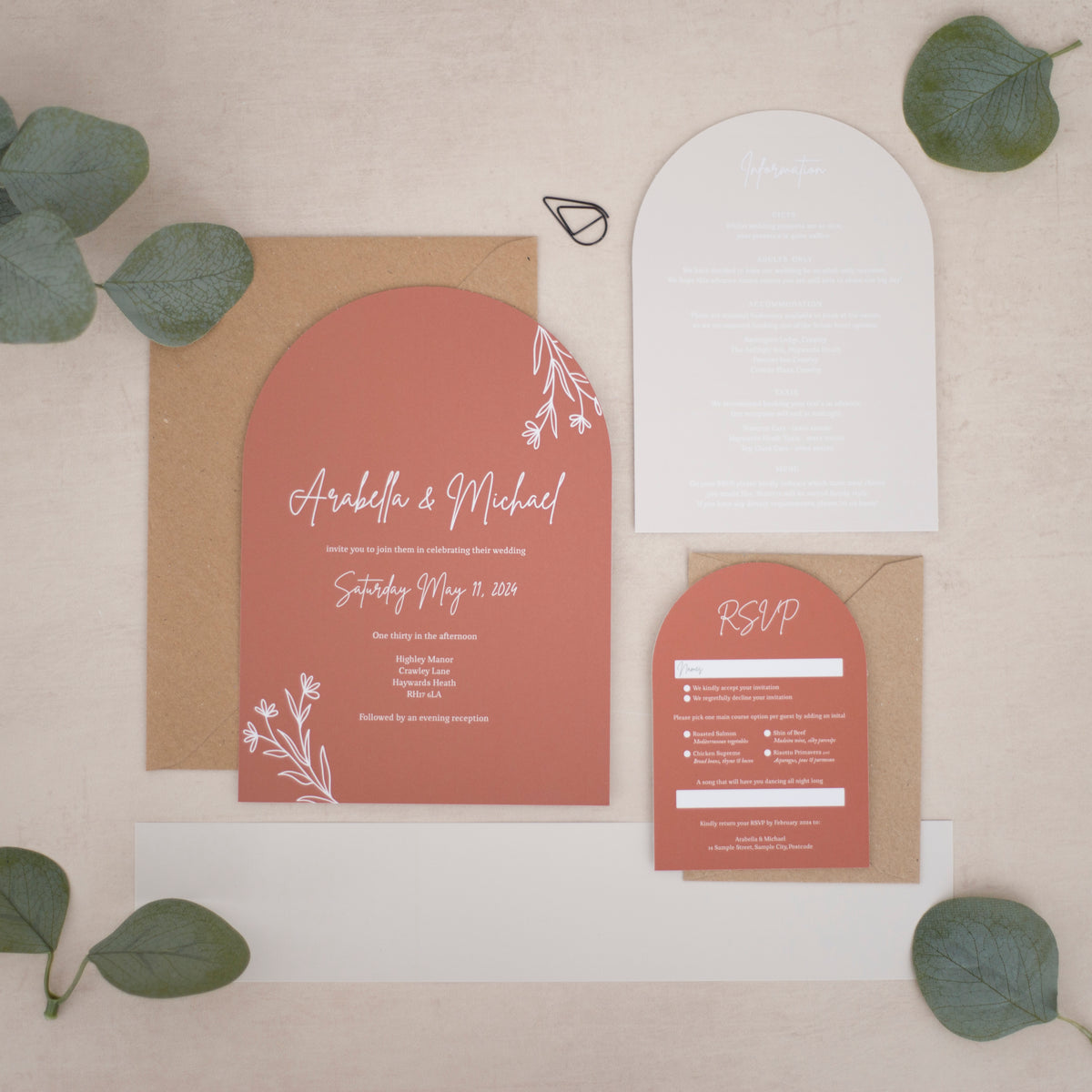 Rust Orange & Neutral Arch Invitations – FoxesOnBoxes