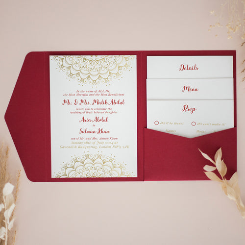 Red & Gold Islamic Wedding, Pocketfold Invitations, PF-059