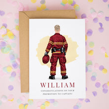 A card featuring an illustration of a person in a red firefighter uniform, with confetti scattered around the card.