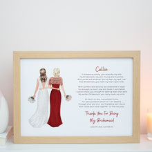 a framed print with a hand-drawn illustration of two women in elegant dresses, accompanied by a heartfelt message expressing gratitude and affection.