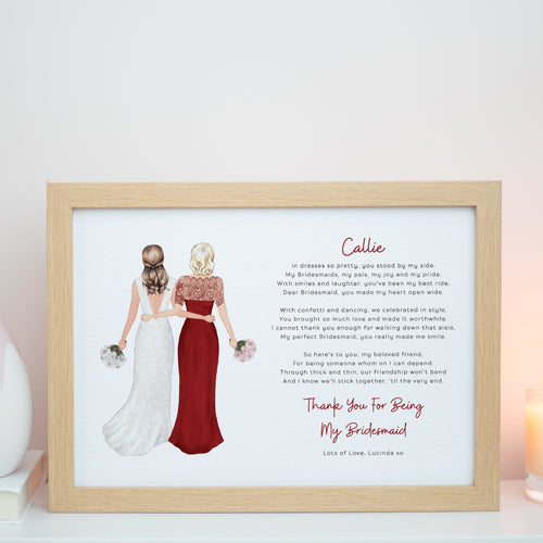a framed print with a hand-drawn illustration of two women in elegant dresses, accompanied by a heartfelt message expressing gratitude and affection.