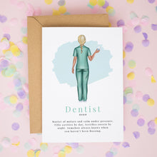 a card with an illustration of a woman dressed in a dental uniform, holding a toothbrush, and surrounded by confetti. The card also includes text that describes the profession of a dentist.