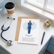 a card with an illustration of a nurse, a stethoscope, a coffee cup, and a bouquet of flowers on a white countertop.