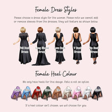The image is a collage of five different female dress styles, each with a corresponding heel color, and a list of the available heel colors.