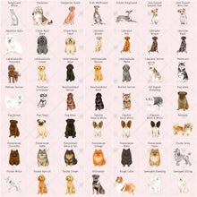 a grid of various dog breeds, each with a unique illustration and name.
