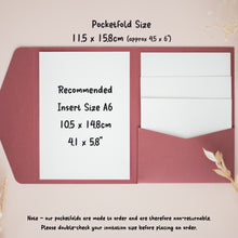 a red pocketfold with a white paper inside, along with text providing information about the pocketfold size and recommended insert size A6.