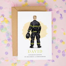 a card with a firefighter illustration and text, surrounded by confetti.