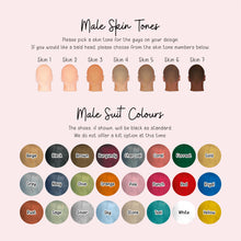 a collection of male skin tones and corresponding male suit colors, providing a visual guide for choosing skin tone and suit color combinations for a design.