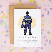 a firefighter in a blue uniform, standing in front of a white background with confetti scattered around.