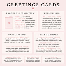 The image is a product information page for greeting cards, providing details on the size, style, and ordering process.