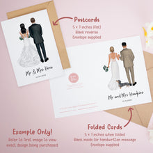The image is a collection of two wedding-themed cards, one depicting a bride and groom and the other showing a couple holding hands. The cards are labeled as "Postcards" and "Folded Cards" and are described as "Blank reverse Envelope supplied". The text indicates that the cards are designed for purchase, with the "Postcards" card being a 5 x 7 inches flat design and the "Folded Cards" card being 5 x 7 inches when folded.