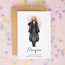 A greeting card with an illustration of a female judge wearing a robe and wig, with her name and personalised wording.