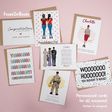 a collection of personalized cards, each with unique designs and messages, arranged on a pink background.