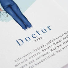 a close-up view of a page with a title "Doctor" and a definition below it. The page is white and has a blue background. The text is in black and is located in the center of the page.